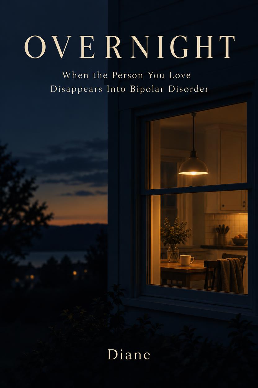 Overnight book cover — a warm kitchen light glowing in a dark house at dusk